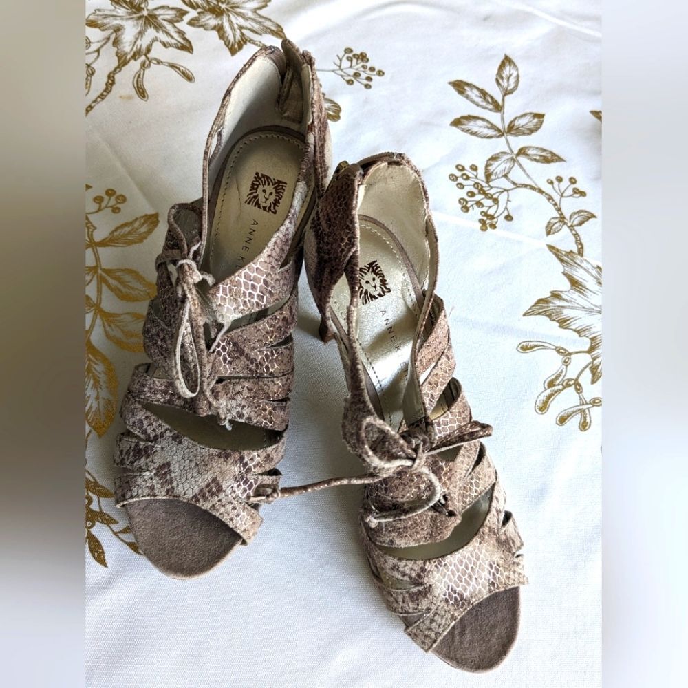 Anne Klein Womens Sz 7 Akornella SnakeSkin Leather Gladiator OpenToe LaceUp Heel